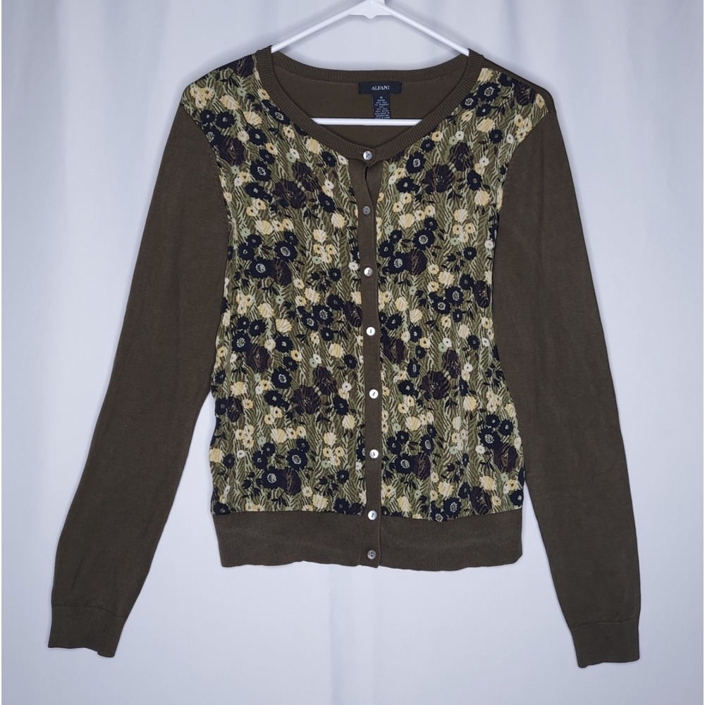 Alfani Silk Cardigan Womens Medium‎ Olive Floral Button Knit Stretch Long Sleeve